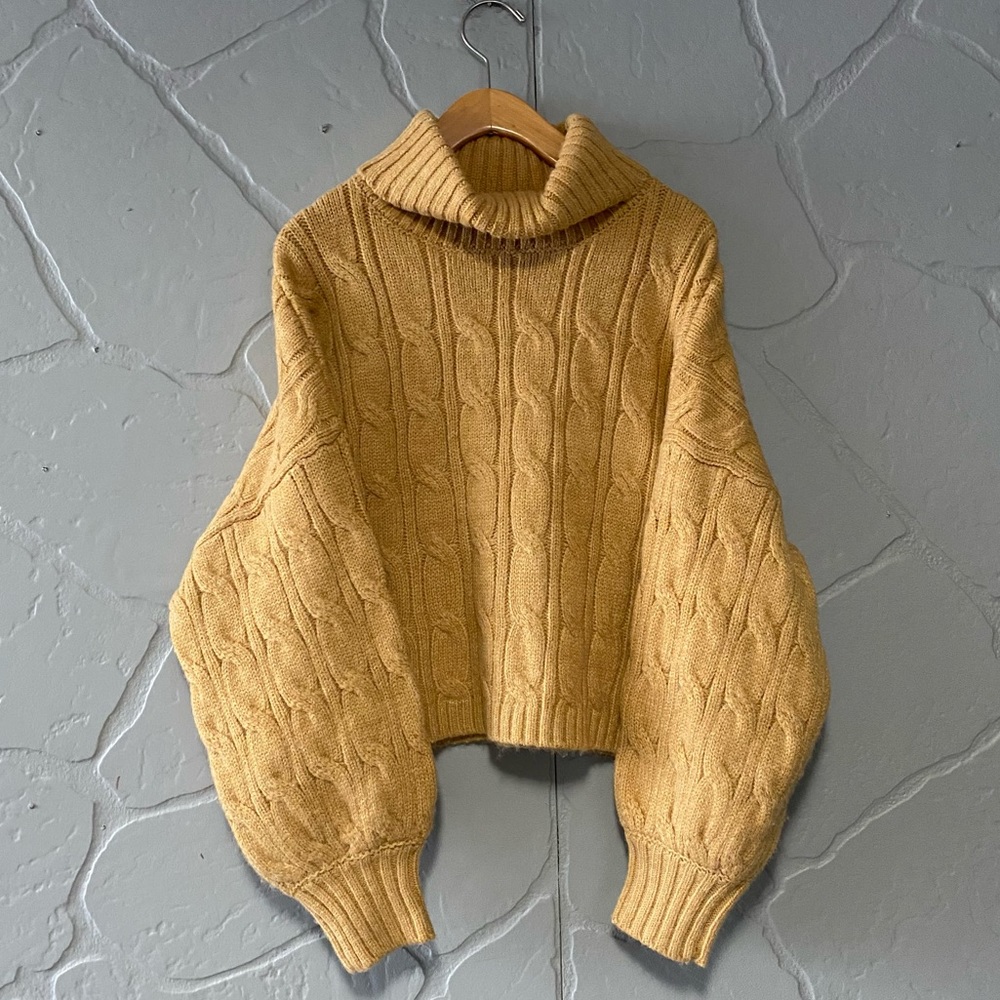 Truth by Republic Mustard Yellow Balloon Sleeve Cable Knit Sweater